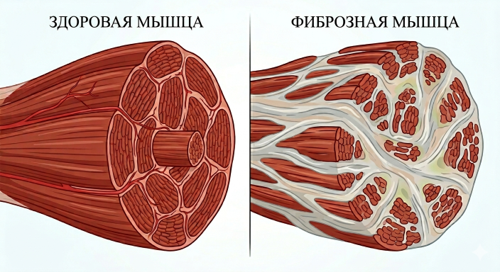 Схема: здоровая мышечная ткань и изменения при хроническом миофасциальном фиброзе